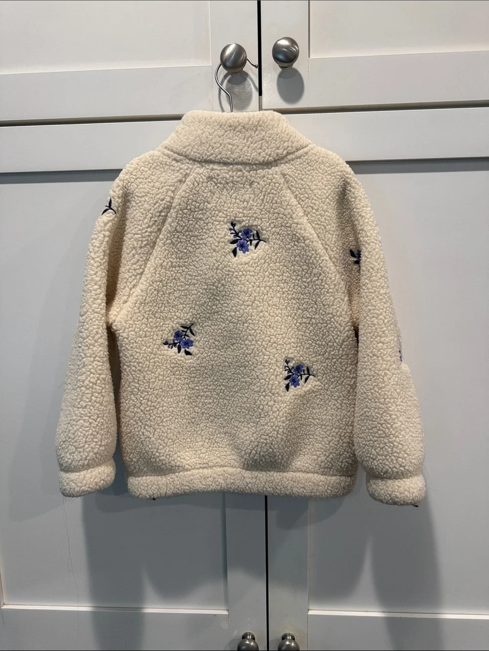 Girls Cream Sherpa Half-Zip Pullover with Blue Floral Embroidery